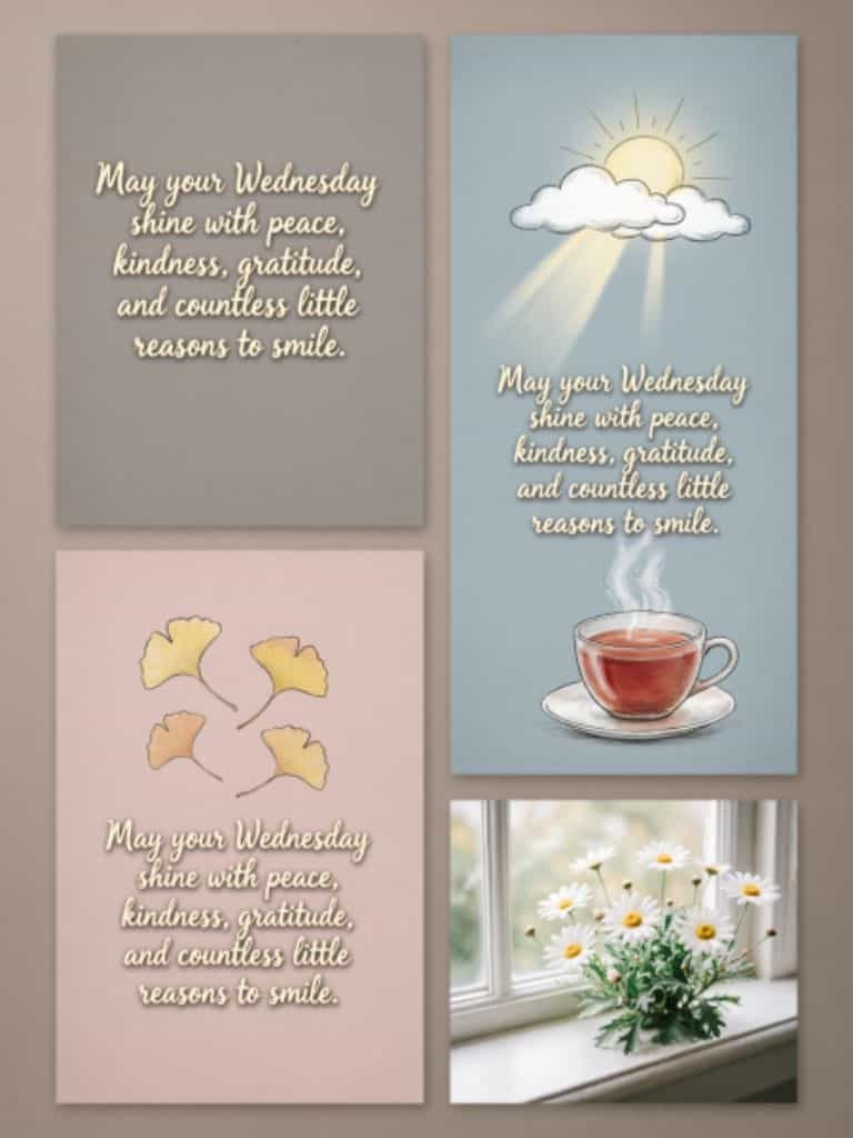 Wednesday blessings collage featuring peaceful inspirational messages, a warm cup of tea, sunshine, autumn leaves, and fresh daisies.