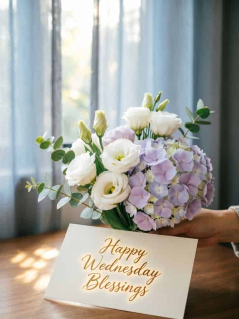 Happy Wednesday Blessings card with a bouquet of white and purple flowers.