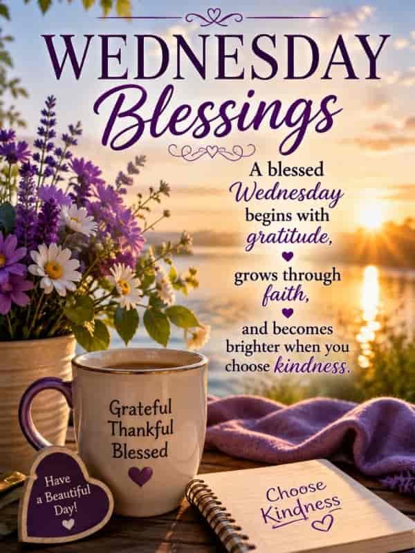 Wednesday blessings quote image featuring a peaceful sunrise over a lake, purple and white flowers, and a warm cup of coffee, with the message: “A blessed Wednesday begins with gratitude, grows through faith, and becomes brighter when you choose kindness.