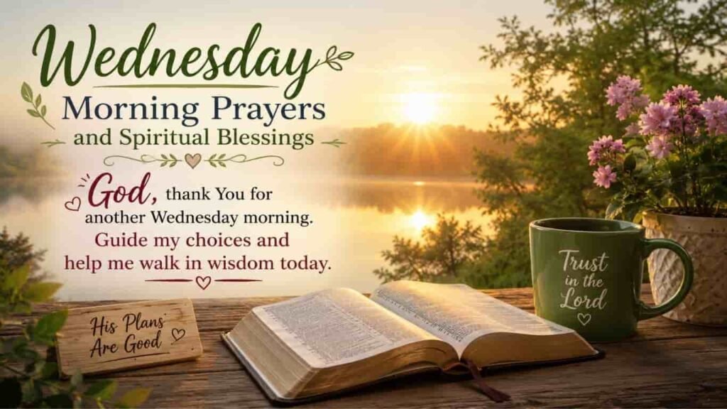 Wednesday Morning Prayers and Spiritual Blessings image with an open Bible, a green coffee mug, and a sunrise lake background.