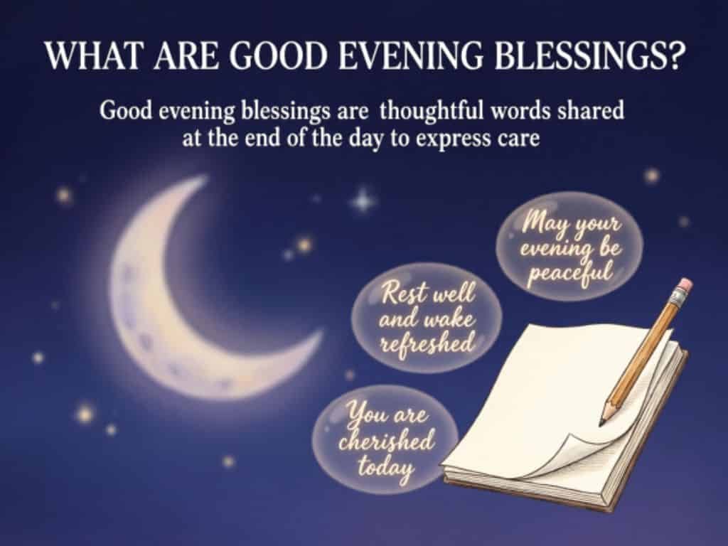 Good evening blessings message with a crescent moon, stars, notebook, and peaceful wishes for rest and a refreshing night.