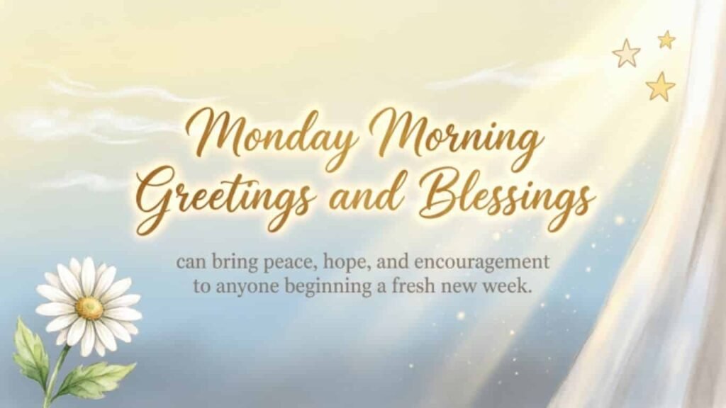 Monday morning greetings and blessings message with a daisy, soft pastel sky, stars, and glowing sunlight