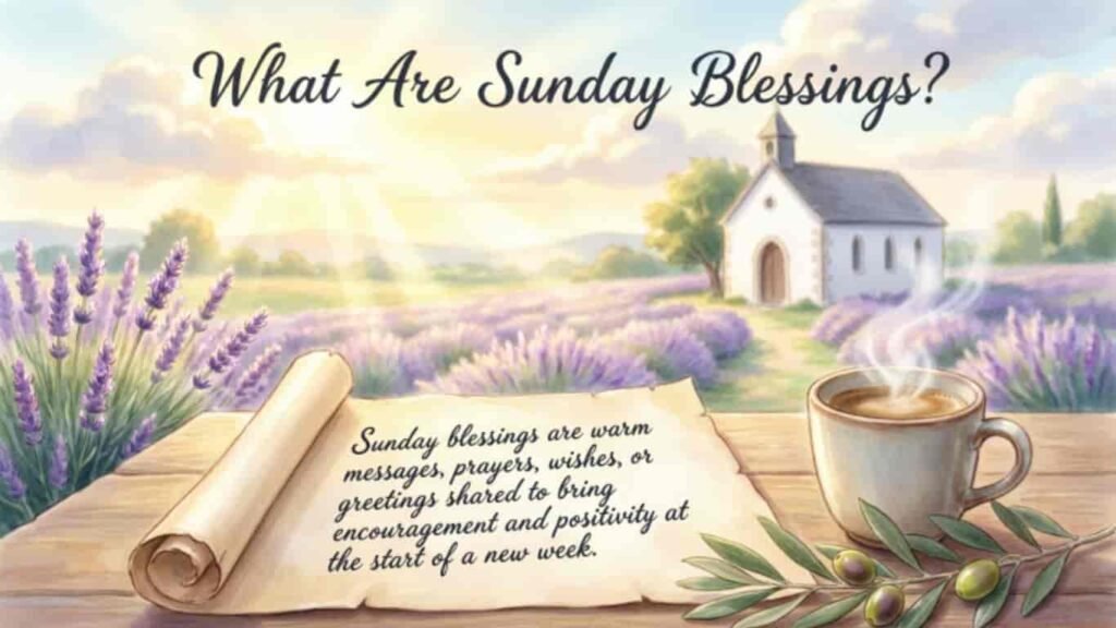 Sunday blessings illustration featuring a peaceful lavender field, a small white church, a cup of coffee, and a message explaining what Sunday blessings are.