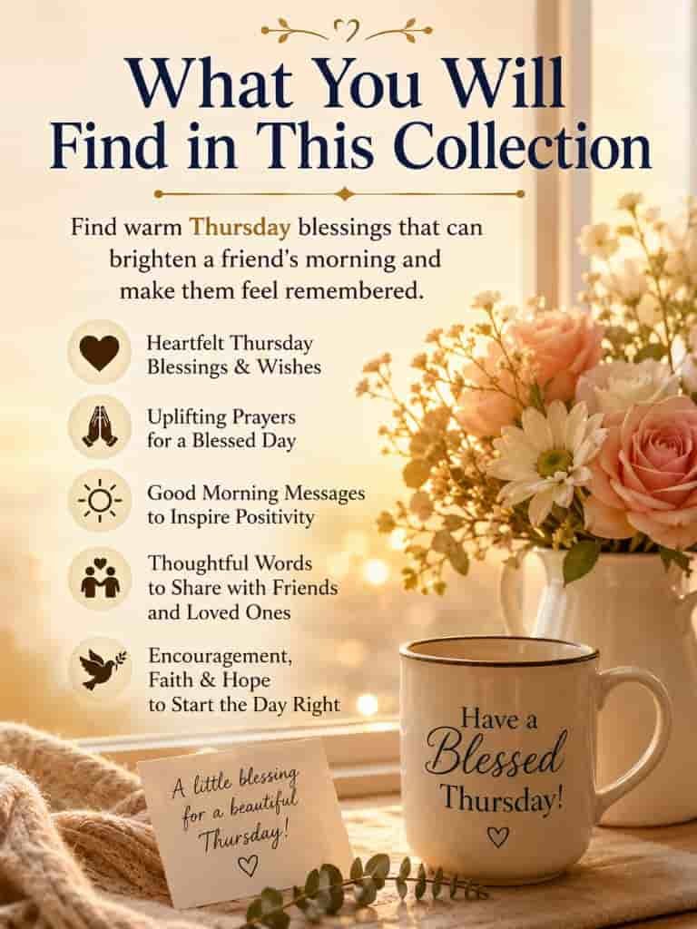 Thursday blessings collection image showing a cozy morning scene with flowers and a coffee mug, highlighting categories like heartfelt wishes, prayers, good morning messages, and encouragement for a positive day.