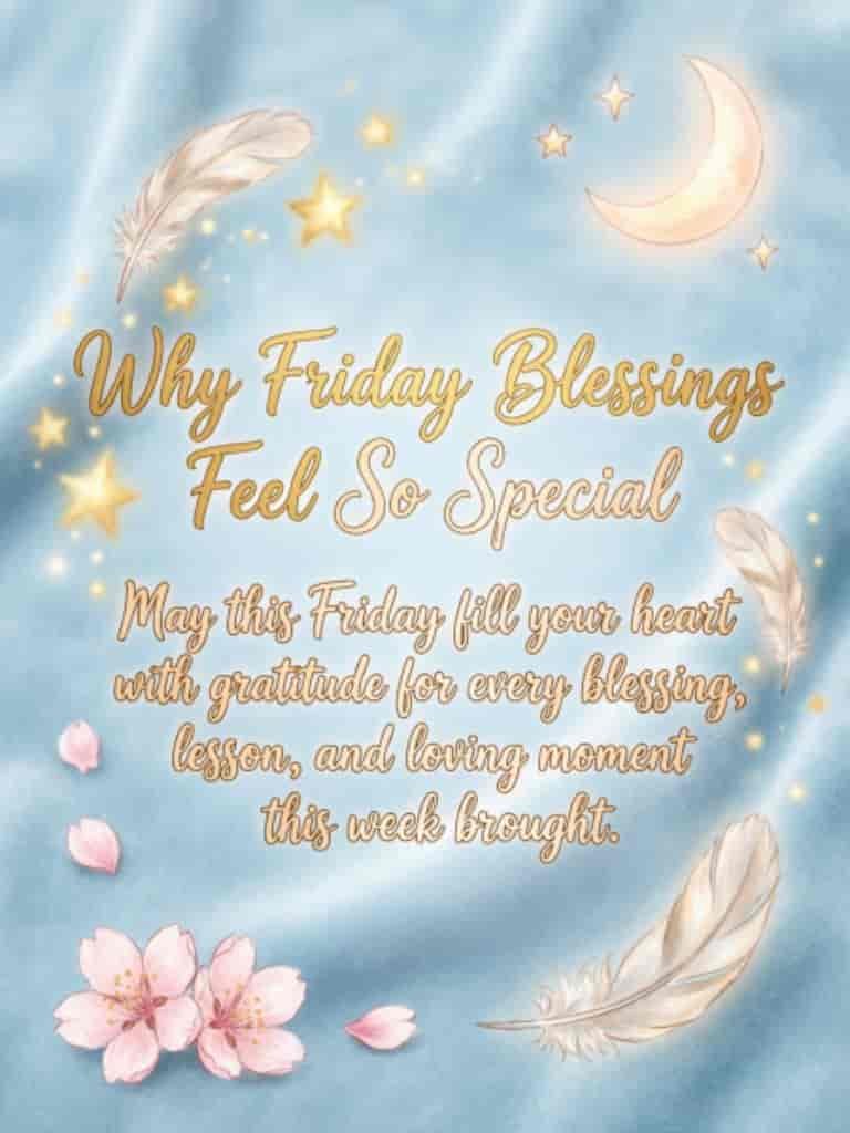 Why Friday blessings feel so special, with a peaceful blue background, crescent moon, stars, feathers, and pink flowers.