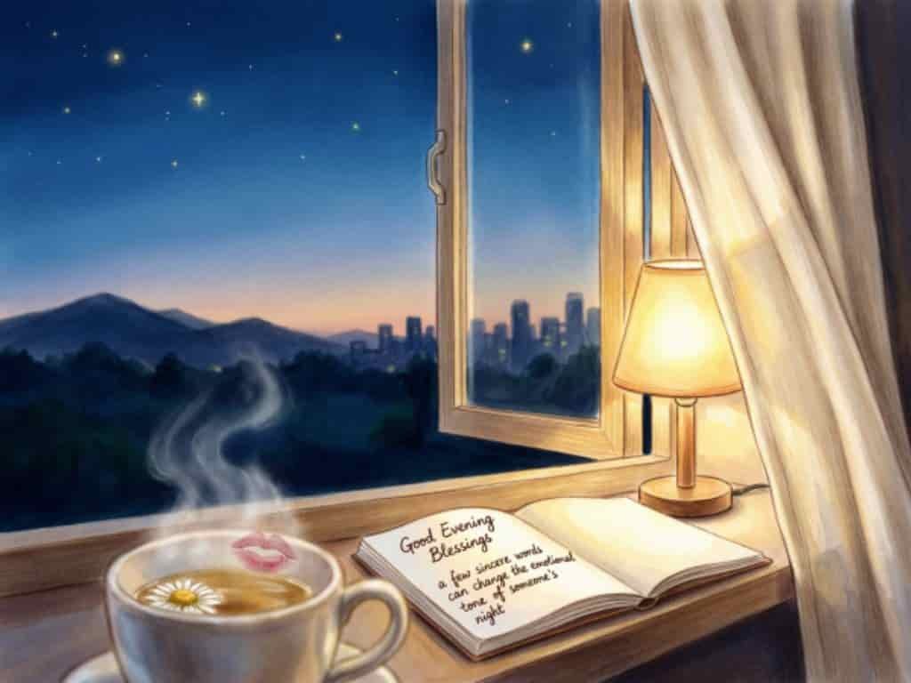 Inspirational gratitude quote image with open journal, feather pen, glowing lantern, and night sky