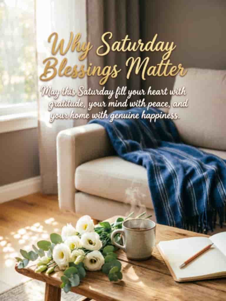 Saturday blessings quote displayed over a cozy living room with a blue blanket, white flowers, a cup of tea, and an open journal.