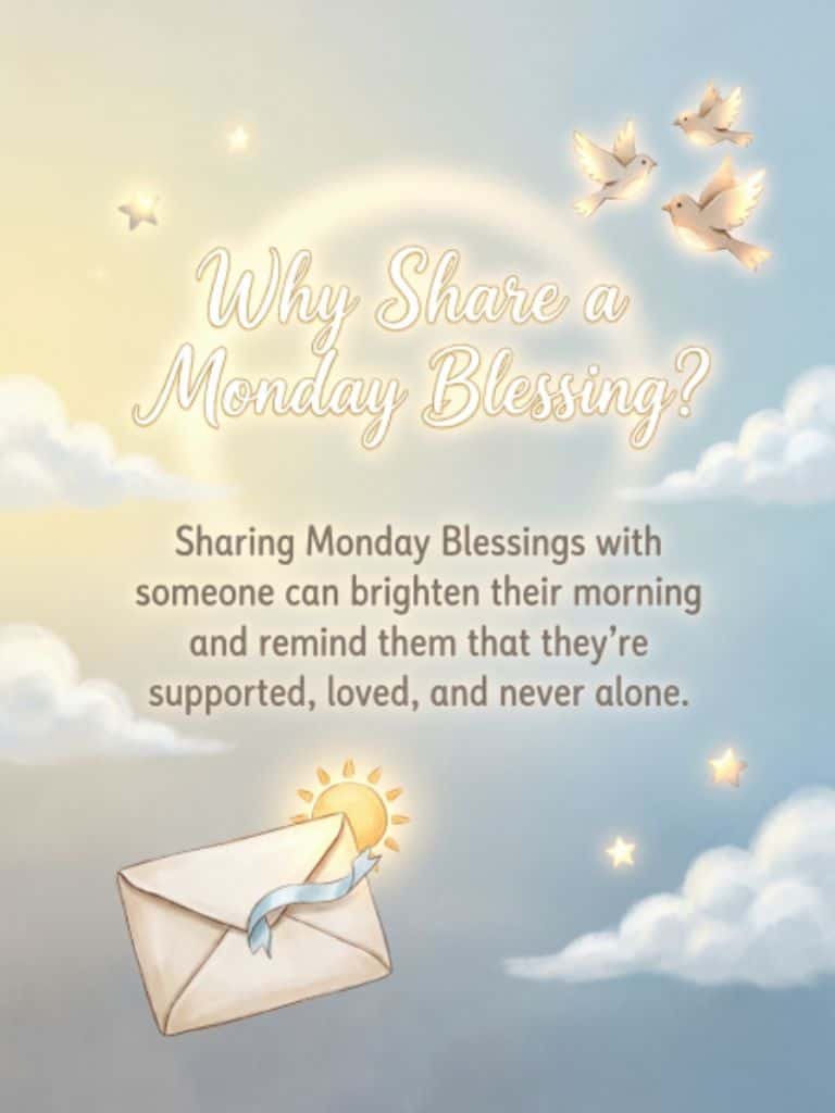 Monday blessing graphic with clouds, doves, stars, and an envelope, explaining how sharing Monday blessings can brighten someone’s morning and remind them they are loved and supported.