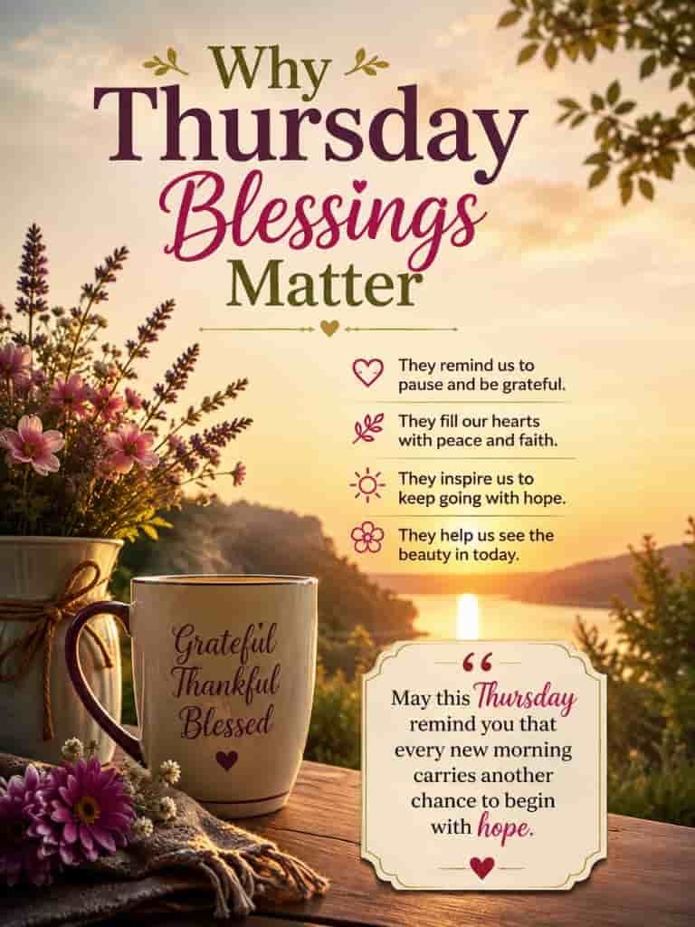 Why Thursday blessings matter image featuring a peaceful sunrise lakeside scene with flowers and a coffee mug, alongside inspirational quotes about gratitude, hope, faith, and appreciating the present moment.