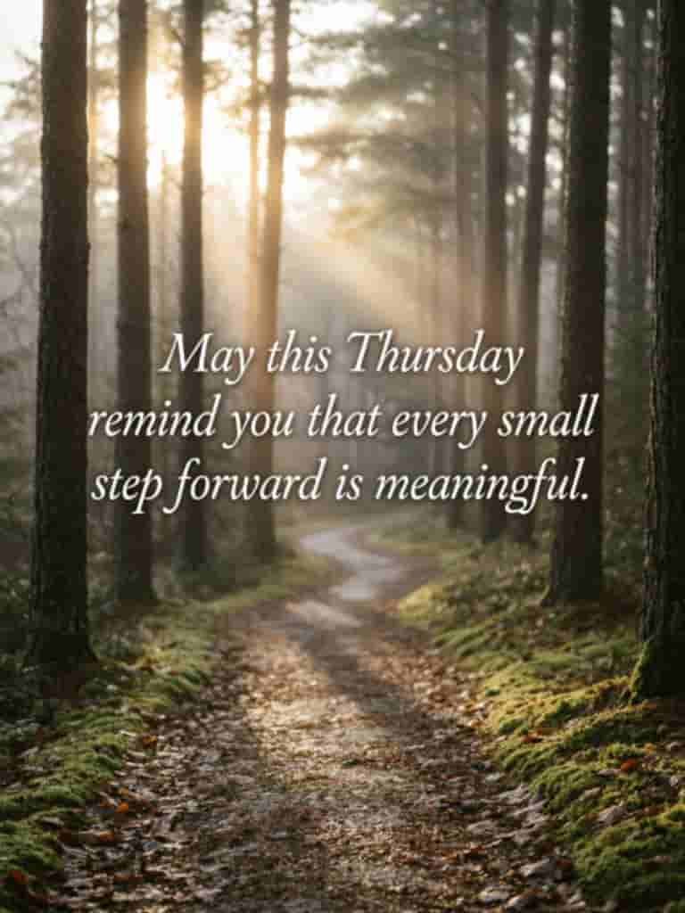 Thursday inspirational message on a peaceful forest path with sunlight shining through the trees, reminding you that every small step forward is meaningful.
