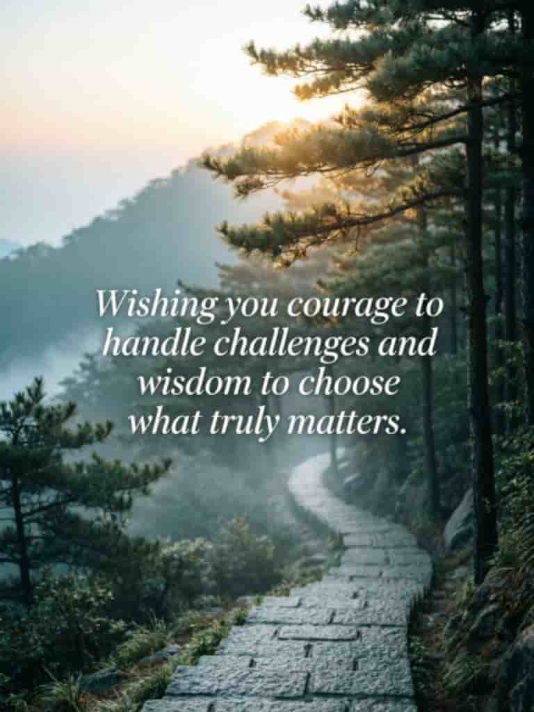 Inspirational Thursday message over a peaceful mountain forest path at sunrise, wishing courage to face challenges and wisdom to choose what truly matters.