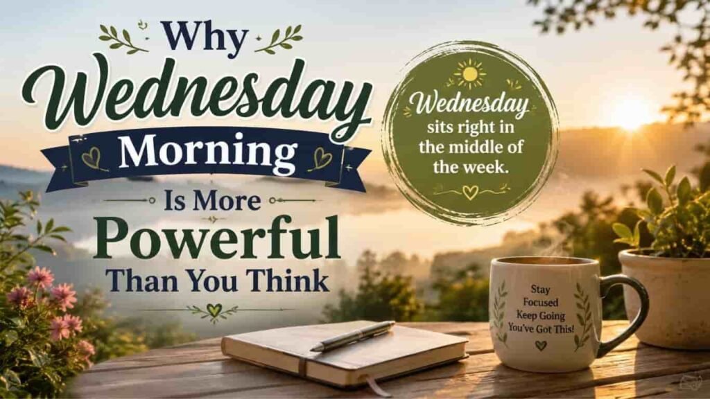 Why Wednesday Morning Is More Powerful Than You Think quote with a coffee mug, notebook, and sunrise background.