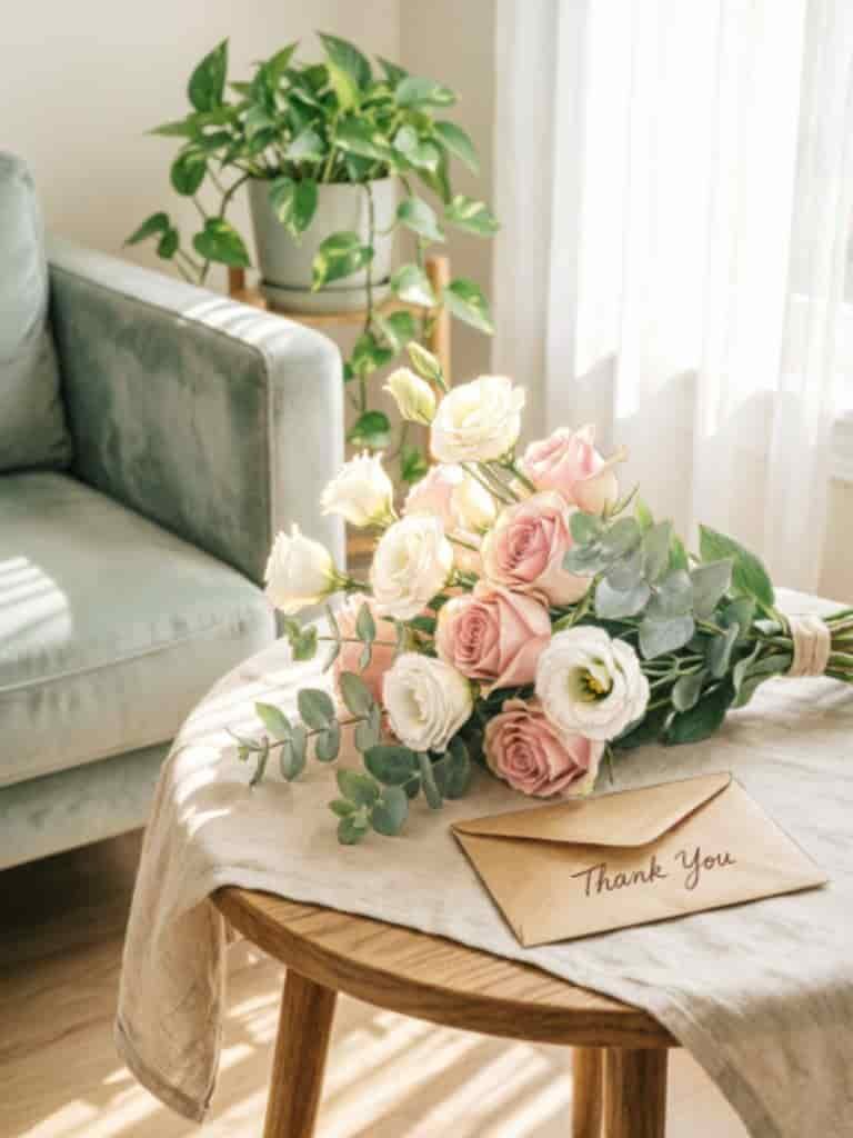 Elegant bouquet of pink and white flowers with a handwritten Thank You card on a sunlit table beside a cozy sofa and houseplant