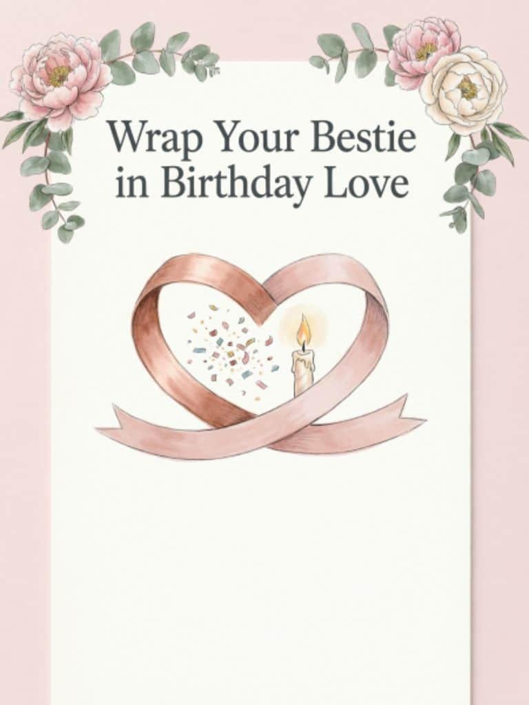 Pastel birthday card featuring pink flowers, greenery, a heart-shaped ribbon with a lit candle and confetti, and the message ‘Wrap Your Bestie in Birthday Love.
