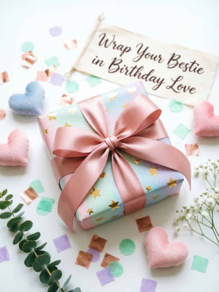 Pastel birthday gift wrapped with a pink ribbon, surrounded by colorful confetti and heart-shaped decorations, with a card reading ‘Wrap Your Bestie in Birthday Love.