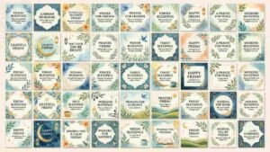 A grid of watercolor image cards with friday blessings and prayers images, framed by botanical leaves, floral patterns, and peaceful nature motifs.