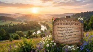 Good morning landscape featuring a wooden sign with 105+ morning blessings surrounded by blooming wildflowers and a scenic river valley at sunrise "Good Morning Blessing".