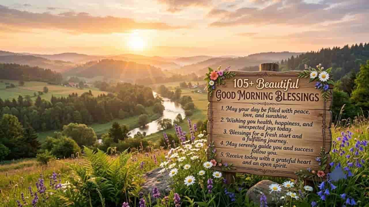 Good morning landscape featuring a wooden sign with 105+ morning blessings surrounded by blooming wildflowers and a scenic river valley at sunrise "Good Morning Blessing".