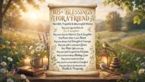 A 16:9 scenic outdoor image featuring an open scroll inscribed with "105+ Blessing for a Friend – Heartfelt, Prayerful & Meaningful Wishes" resting on a rustic wooden table surrounded by wildflowers, candles, a lantern, and small birds.