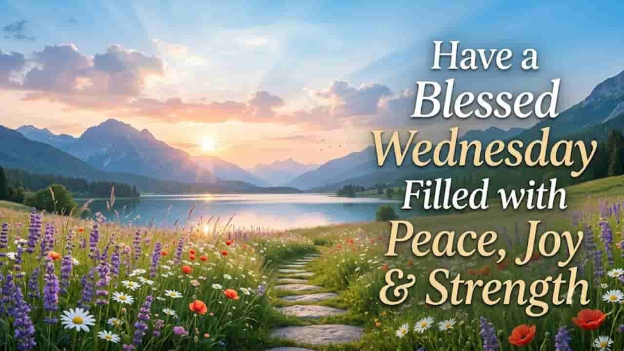 A serene 16:9 landscape featuring a soft sunrise over a mountain-lined lake. In the foreground, a stone path winds through a meadow of colorful wildflowers, including lavender, poppies, and daisies. On the right side, elegant typography reads "Have a Blessed Wednesday Filled with Peace, Joy & Strength".