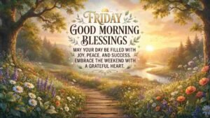 Friday Good Morning Blessings image featuring a serene sunrise over a peaceful landscape with wildflowers, a winding path, and an inspiring message in 16:9 format.