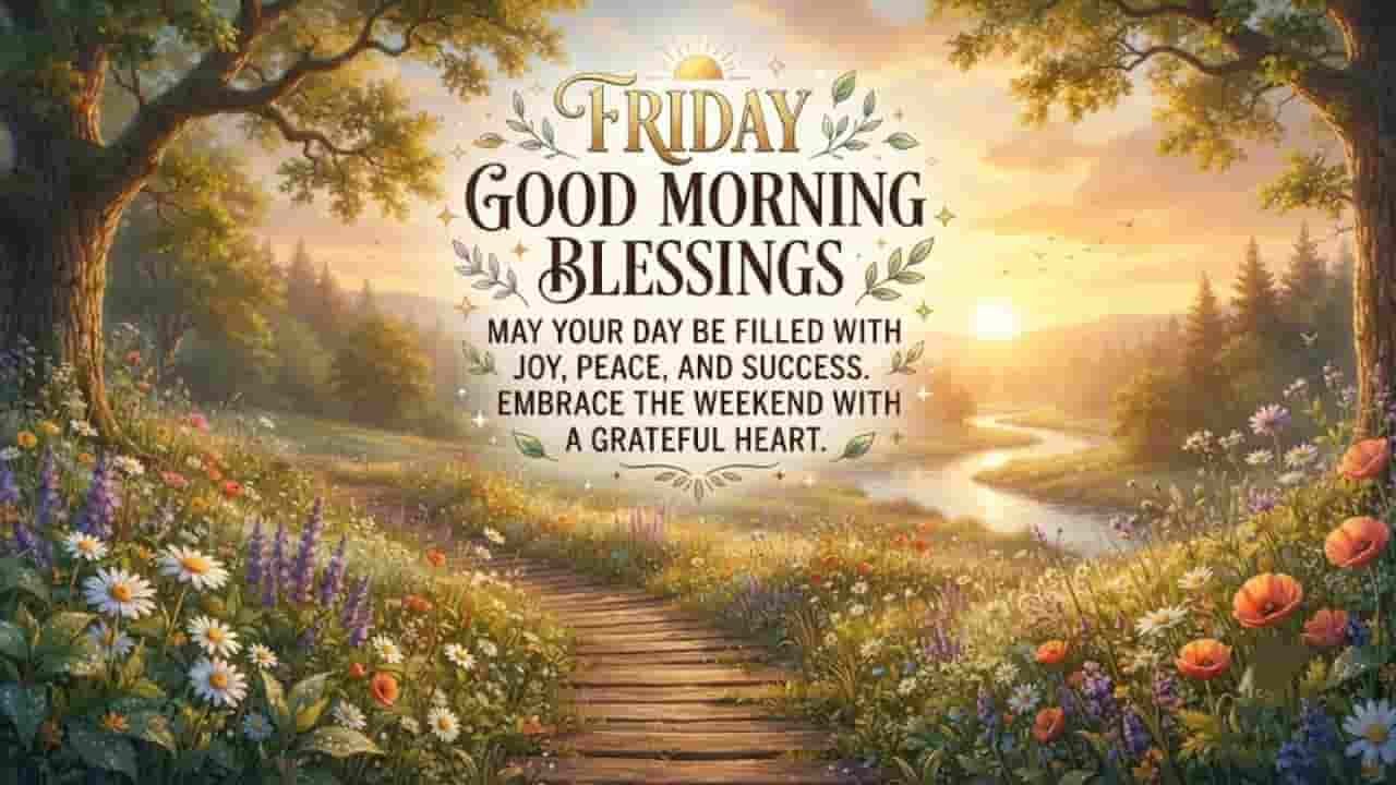 Friday Good Morning Blessings image featuring a serene sunrise over a peaceful landscape with wildflowers, a winding path, and an inspiring message in 16:9 format.