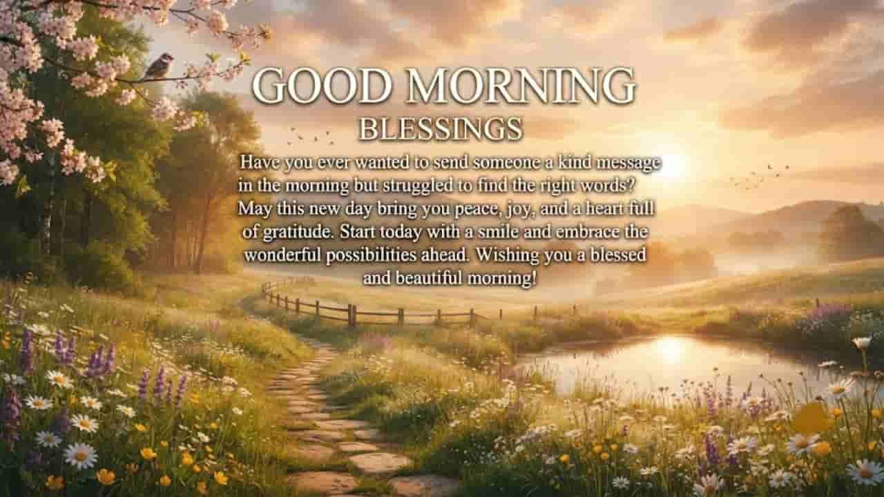 Good morning blessings landscape image featuring a serene sunrise over a meadow with wildflowers, a winding stone path, and a small bird perched on a blossoming tree branch "good morning blessings images".