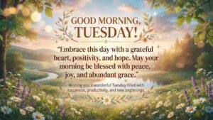 Tuesday Morning blessings image with a peaceful sunrise landscape, flowers, and a positive message wishing happiness, productivity, peace, joy, hope, and abundant grace.