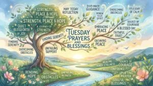 Soft-toned digital illustration of a lush landscape with a large tree beside a winding river at sunrise, featuring inspirational phrases about strength, peace, and hope woven into the leaves and grassy fields "Tuesday Prayers and Blessings".
