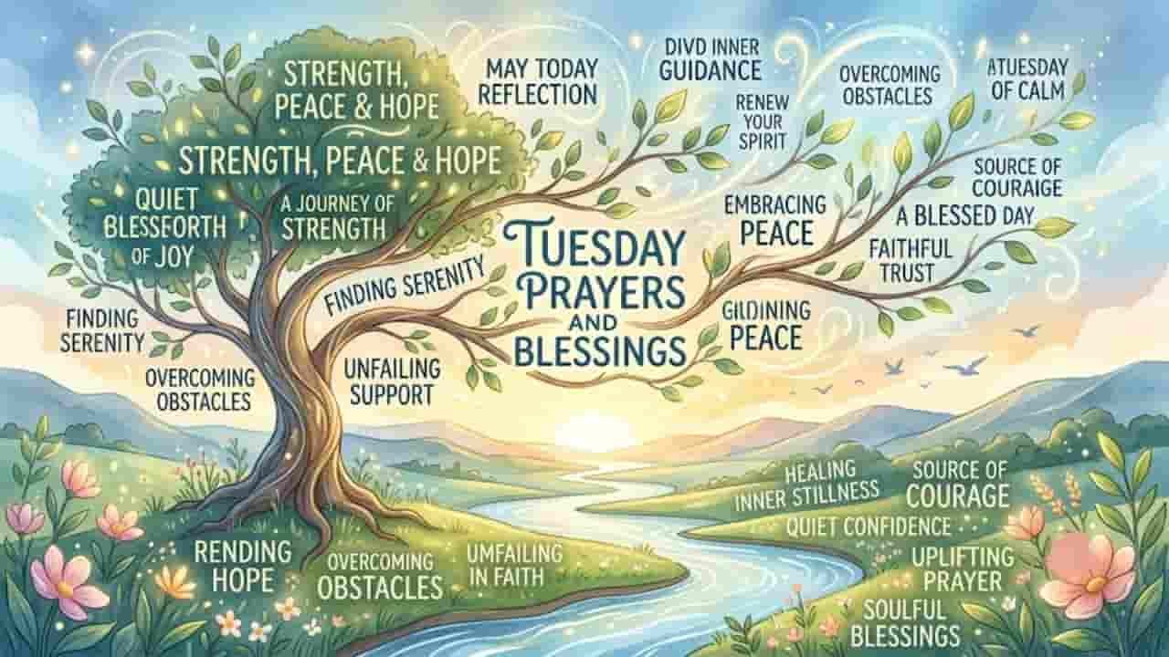 Soft-toned digital illustration of a lush landscape with a large tree beside a winding river at sunrise, featuring inspirational phrases about strength, peace, and hope woven into the leaves and grassy fields "Tuesday Prayers and Blessings".