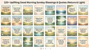 Grid layout of uplifting Good Morning Sunday blessings card graphics featuring serene nature landscapes, sunrises, flowers, and peaceful quotes "good morning sunday blessings images and quotes".