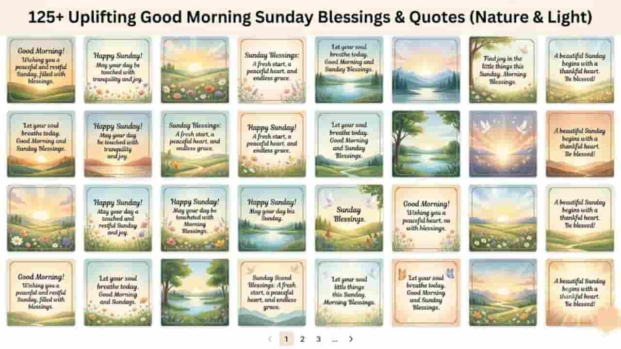 Grid layout of uplifting Good Morning Sunday blessings card graphics featuring serene nature landscapes, sunrises, flowers, and peaceful quotes "good morning sunday blessings images and quotes".
