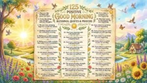 A serene watercolor morning landscape featuring a central parchment banner titled "125 Positive Good Morning Blessings, Quotes & Prayers" surrounded by sunlit rolling hills, a winding river, blooming sunflowers, wild lavender, and flying white doves.