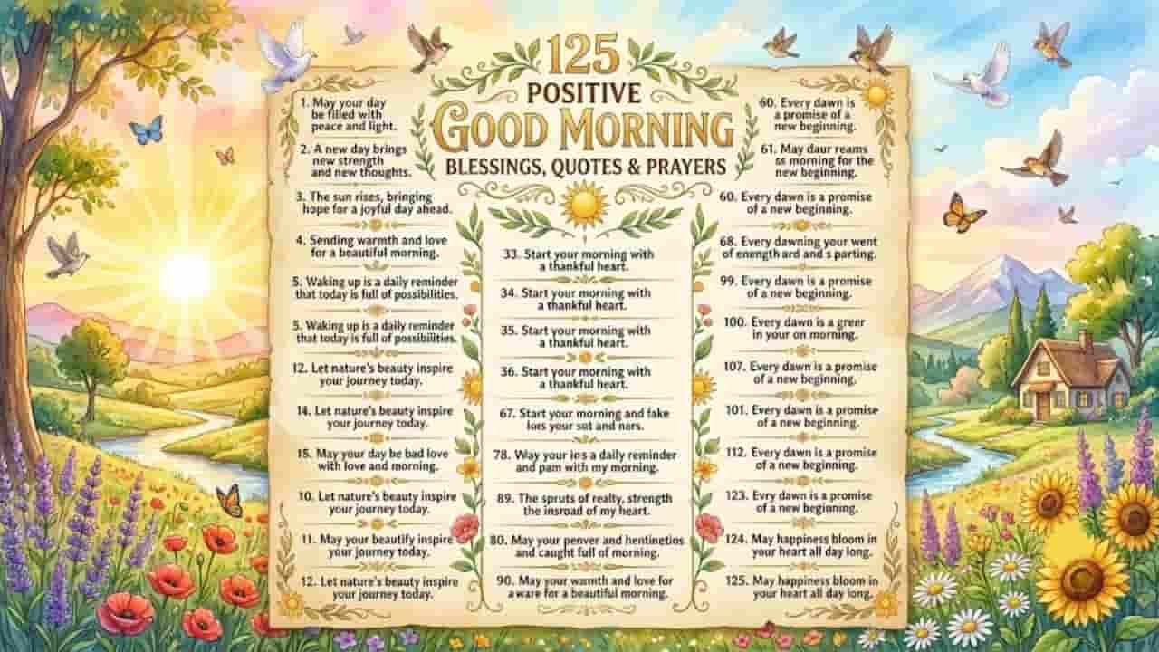 A serene watercolor morning landscape featuring a central parchment banner titled "125 Positive Good Morning Blessings, Quotes & Prayers" surrounded by sunlit rolling hills, a winding river, blooming sunflowers, wild lavender, and flying white doves.