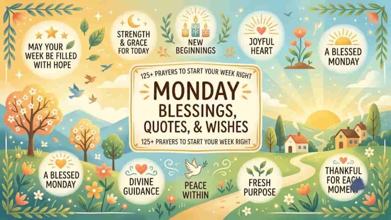 125+ Monday blessings, quotes, and wishes graphic featuring a sunny morning landscape with rolling hills, trees, and uplifting prayer badges in soft pastel colors "prayer monday blessings".