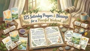 An open book filled with prayers, surrounded by scrolls, candles, and serene nature illustrations displaying the text "125 Saturday Prayers & Blessings for a Peaceful Weekend."saturday prayers and blessings"