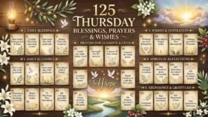 A rustic wooden background featuring a collection of 125 Thursday blessings, prayers, and wishes on parchment cards, decorated with white flowers, olive branches, doves, lanterns, and a sunrise "Thursday blessings quotes".