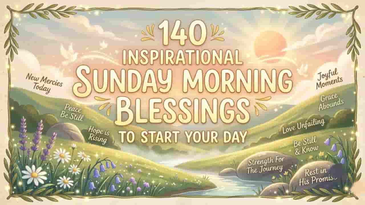 A peaceful illustration of a sun rising over a valley with wildflowers and doves, featuring a list of inspirational Sunday morning blessings.