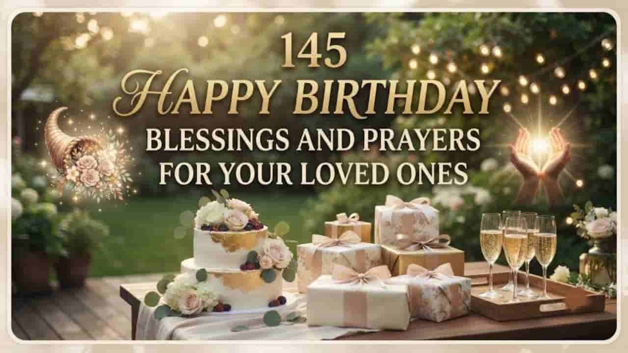 A celebratory outdoor table setting in a lush garden at sunset, featuring a decorated two-tier birthday cake with white frosting and gold accents, wrapped gift boxes, champagne glasses, string lights in the background, and elegant text reading '145 Happy Birthday Blessings and Prayers For Your Loved Ones.
