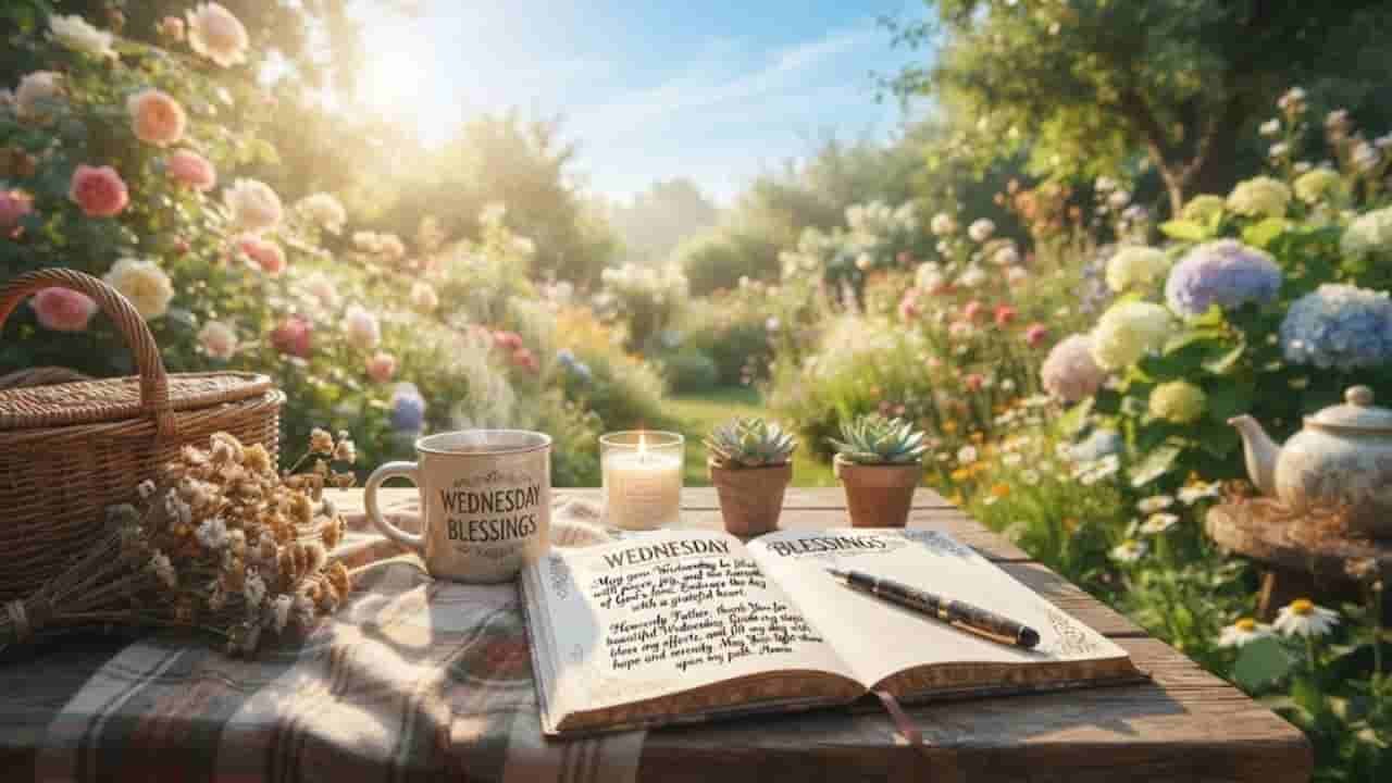 A peaceful garden scene on a sunny day with a wooden table holding an open journal reading '155+ Cute Wednesday Blessings Images quotes and prayers , a steaming mug, a lit candle, small potted succulents, and a wicker basket filled with dried flowers, set against a backdrop of blooming roses and a garden teapot.
