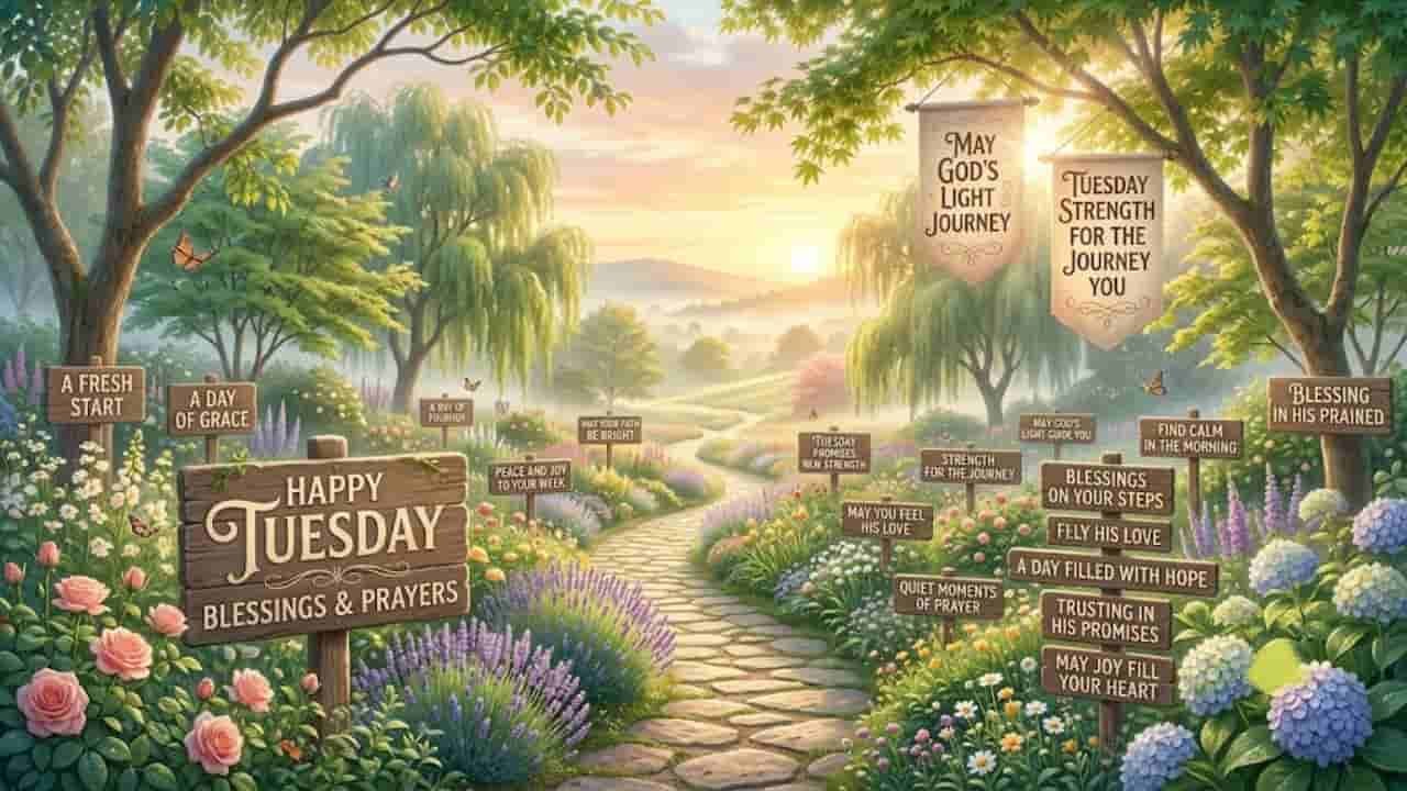 A peaceful morning garden scene with a winding stone path, colorful blooming flowers, and lush green trees under a soft sunrise. Wooden signs along the path display uplifting messages like "Happy Tuesday Blessings & Prayers," "Strength for the Journey," and "A Fresh Start," without any human figures or crosses.