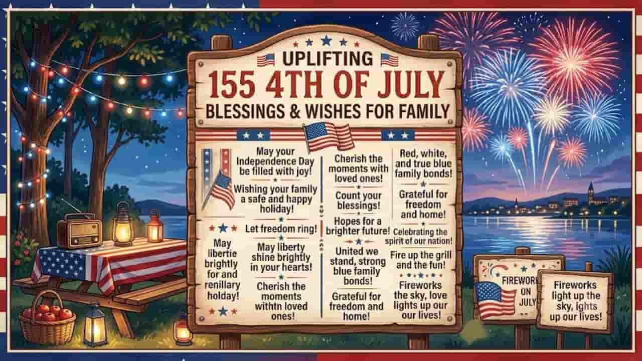 A festive 4th of July graphic with a central wooden sign reading '155 Uplifting 4th of July Blessings & Wishes for Family' featuring patriotic greetings, American flags, fireworks, and a picnic setup by a lake.