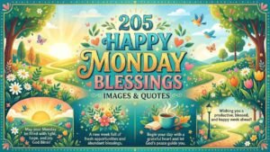 Illustrative graphic featuring the title "205 Happy Monday Blessings, Images & Quotes" surrounded by vibrant spring flowers, a rising sun, birds, and a steaming coffee cup, framed in a 16:9 ratio.