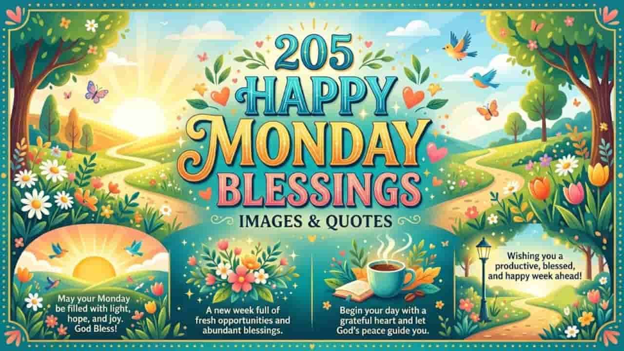 Illustrative graphic featuring the title "205 Happy Monday Blessings, Images & Quotes" surrounded by vibrant spring flowers, a rising sun, birds, and a steaming coffee cup, framed in a 16:9 ratio.