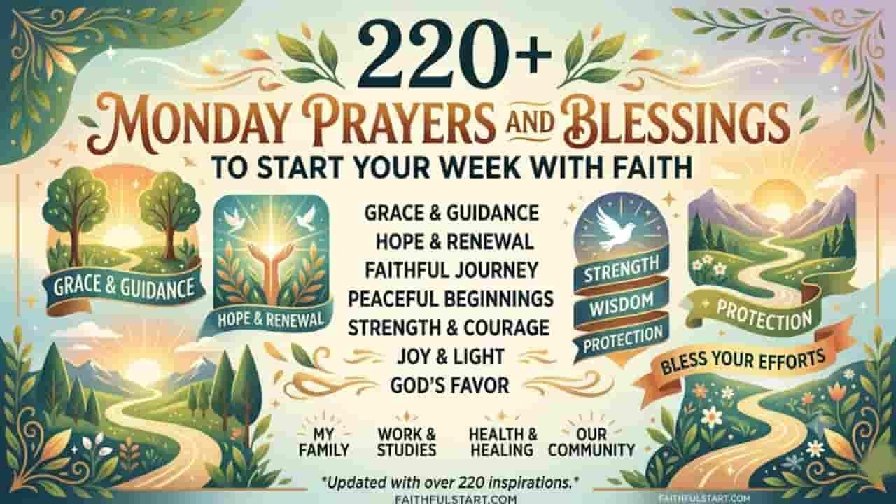 Graphic banner titled '220+ Monday Prayers and Blessings to Start Your Week With Faith' featuring scenic sunrises, peaceful winding paths, mountains, trees, and white doves symbolizing peace and guidance.