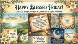 A collection of Happy Blessed Friday cards, prayers, and quotes featuring sunrises, doves, lanterns, floral borders, and a Crescent moon with no human figures or crosses.