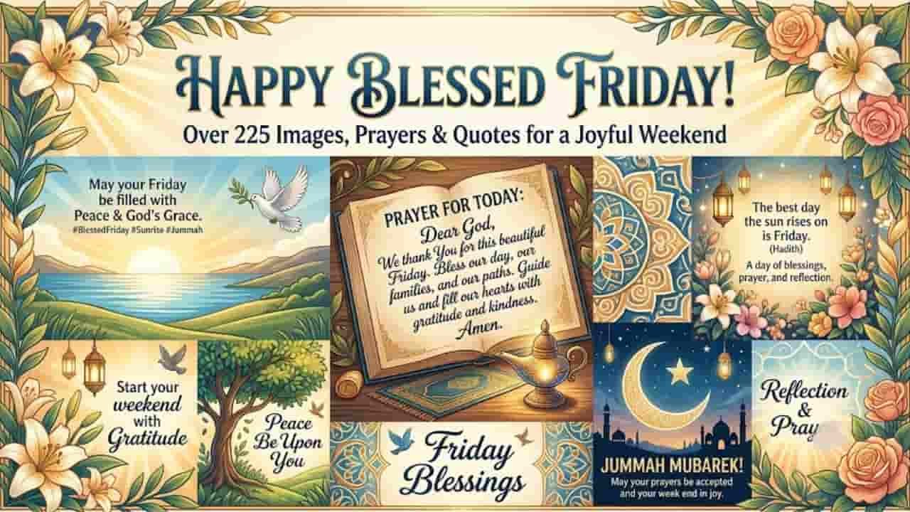 A collection of Happy Blessed Friday cards, prayers, and quotes featuring sunrises, doves, lanterns, floral borders, and a Crescent moon with no human figures or crosses.