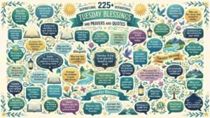An illustrative graphic filled with Inspirational Tuesday Blessings and Prayers, prayers, and quotes, styled with decorative banners, speech bubbles, nature motifs, and vibrant typography.