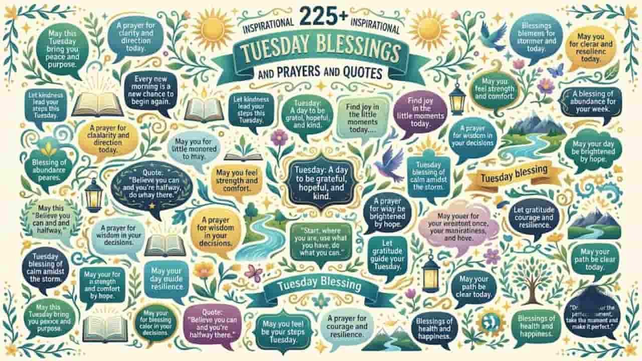 An illustrative graphic filled with Inspirational Tuesday Blessings and Prayers, prayers, and quotes, styled with decorative banners, speech bubbles, nature motifs, and vibrant typography.