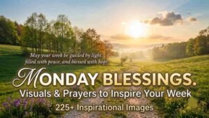 An inspirational Monday blessings image featuring a serene morning landscape with a winding dirt path through lush green fields and glowing golden sunlight. Overlaid text reads, "May your week be guided by light, filled with peace, and blessed with hope" above the headline "Monday Blessings: Visuals & Prayers to Inspire Your Week" "Monday Blessings Images" .